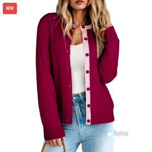 Wool Blend Button Down Cardigan Lightweight Crew Neck Casual Sweater